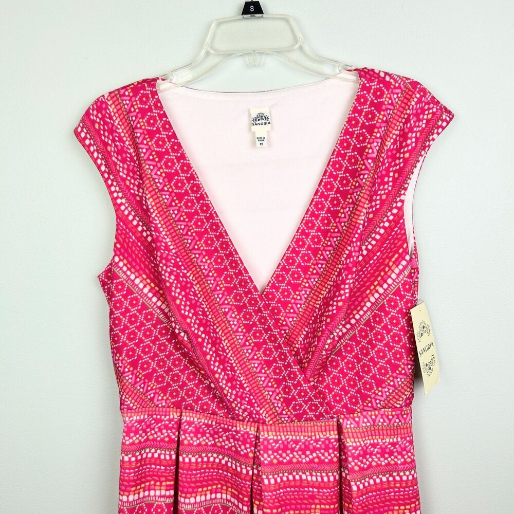 NWT Sangria Signature Pink Multicolor Pattern Fit &Flare V Neck Dress Womens 12 - Picture 2 of 12